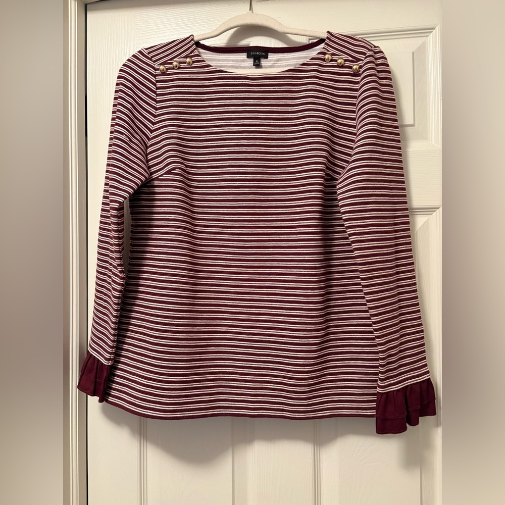 Talbots Metallic Striped Burgundy Long Sleeve Top